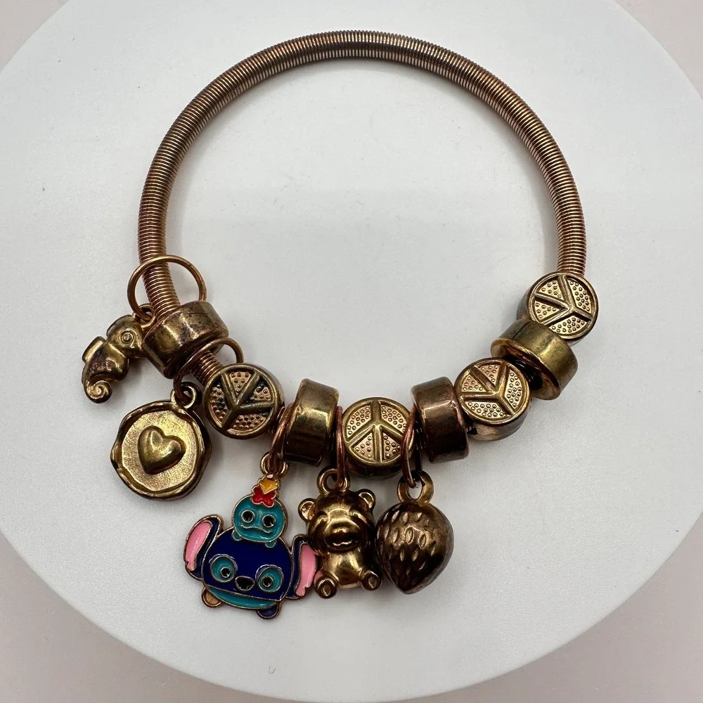 Vintage Y2K Gold Tone Peace Sign Expandable Charm Bracelet Women's Jewelry